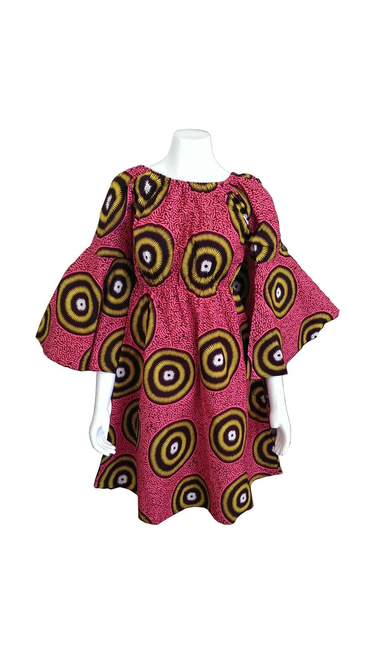 Bell Sleeves Pink Dress with Yellow Circular Prints