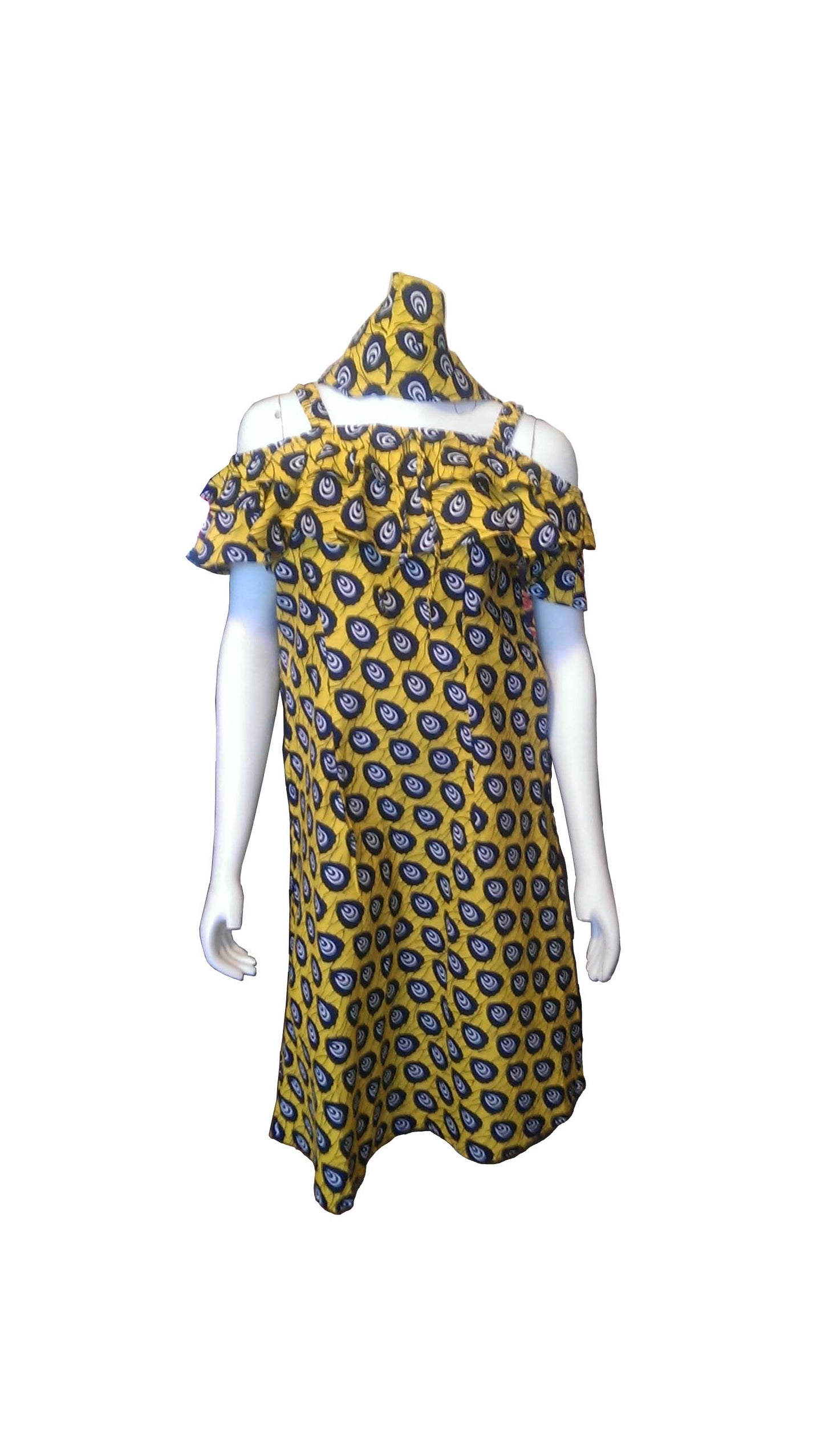 Yellow African Print off the Shoulder Dress with Scarf (Size 6)