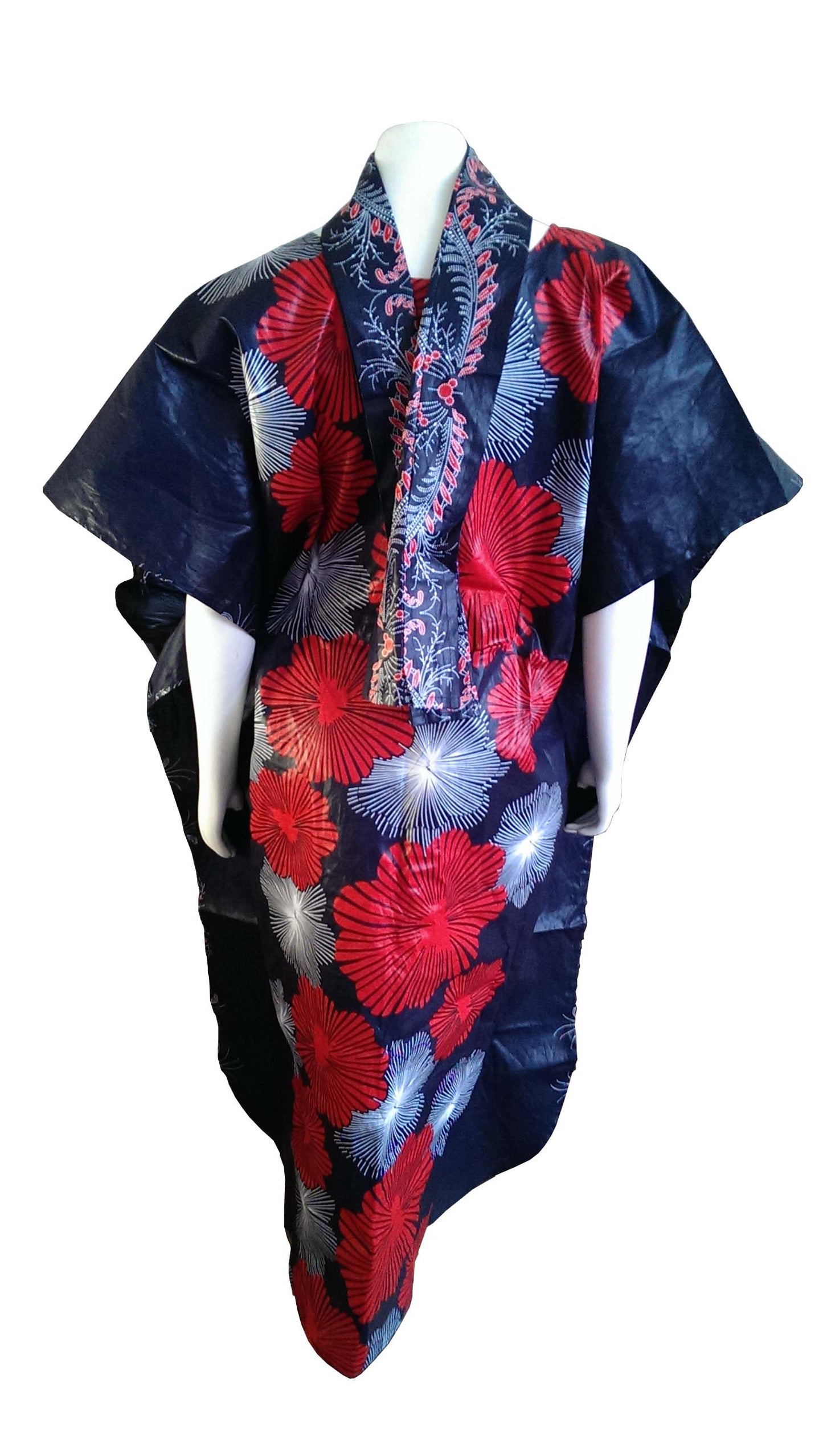 Mombasa Long Blue Dress with Red and White Circular Design (One Size Fits 0-16)