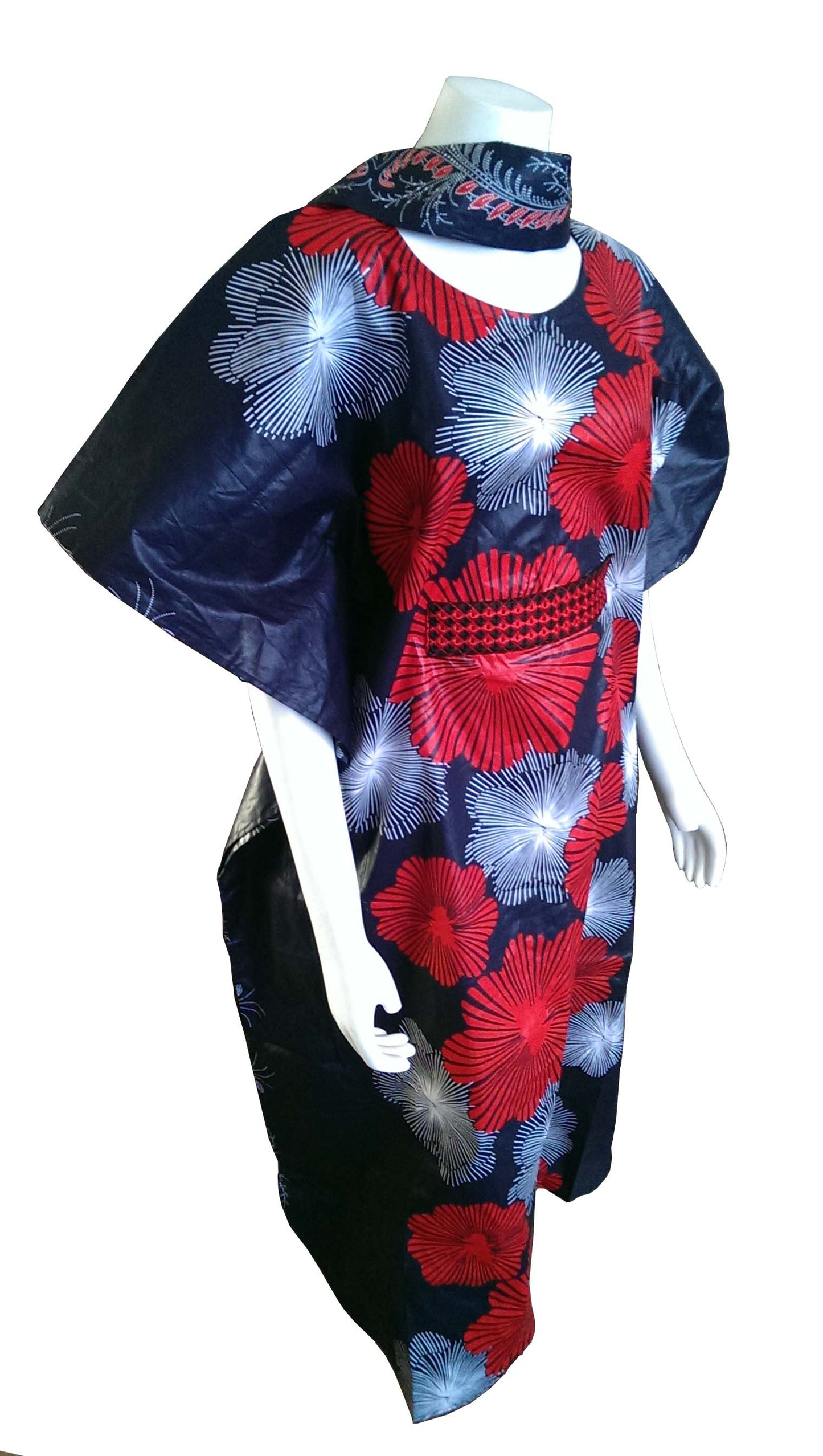 Mombasa Long Blue Dress with Red and White Circular Design (One Size Fits 0-16)