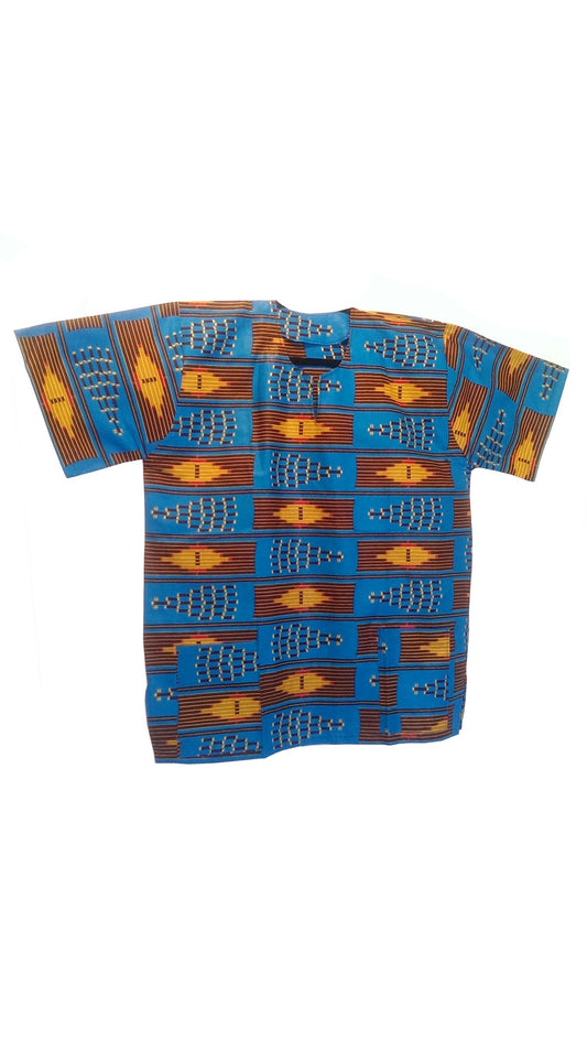 Dashiki/African Shirt Blue with Colorful African Prints (Size Large)
