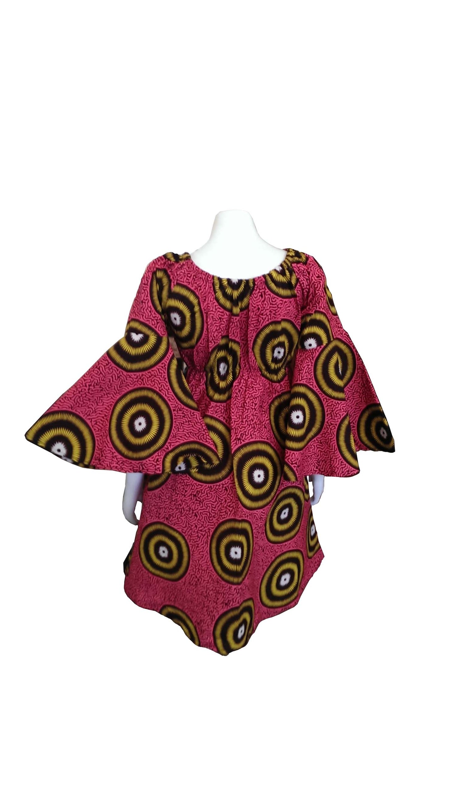 Bell Sleeves Pink Dress with Yellow Circular Prints