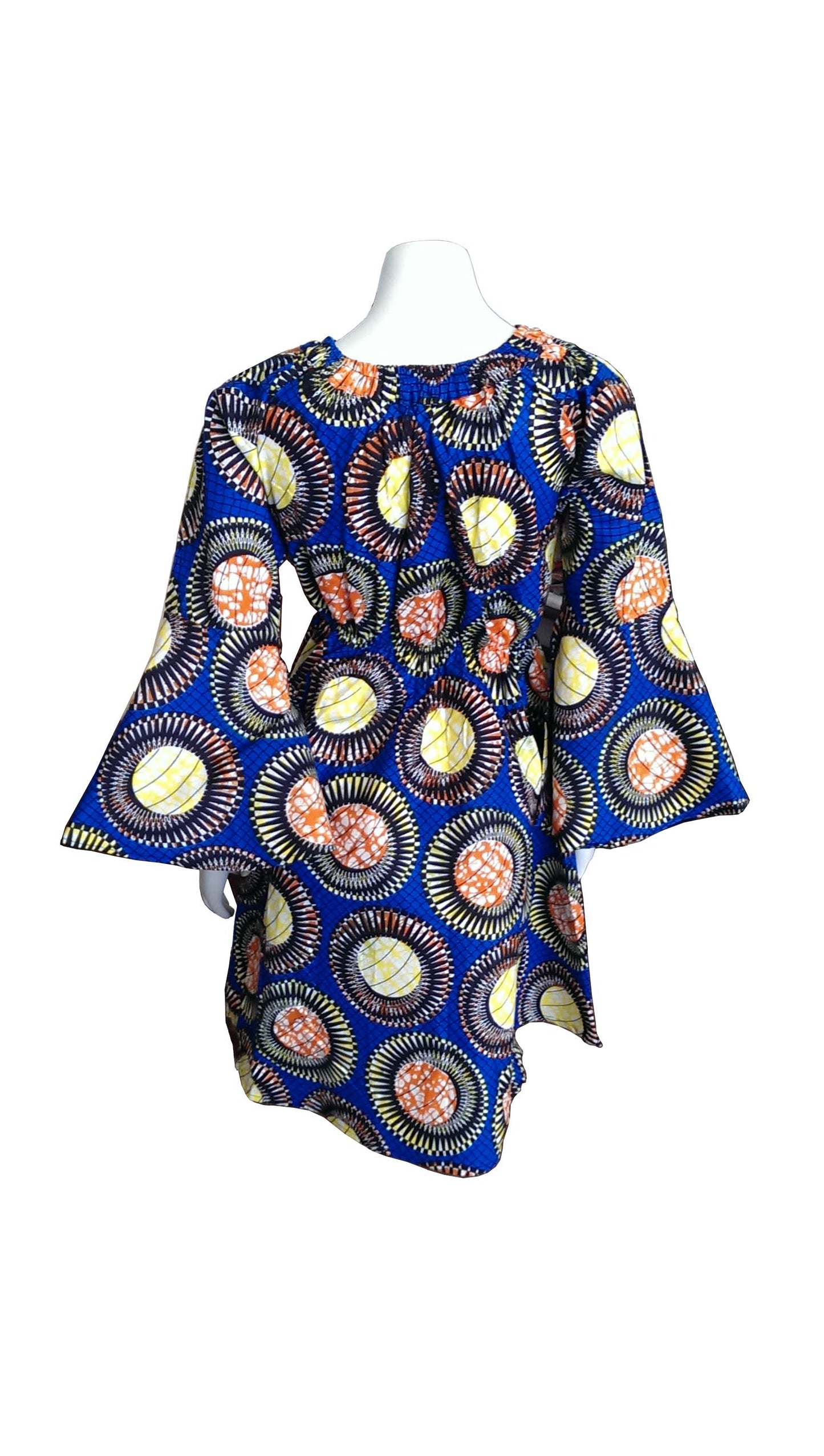 Bell Sleeves Dress With Blue, Yellow, Orange and Black Design