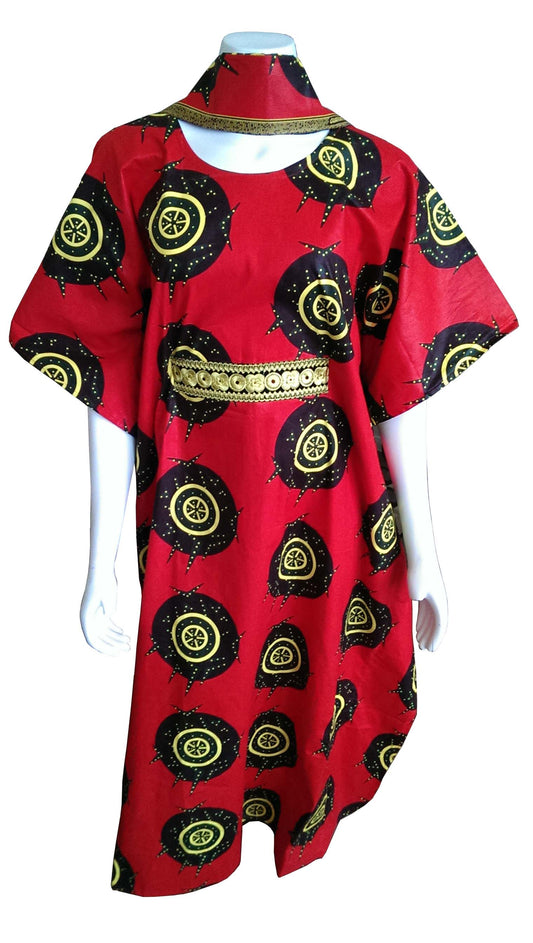 Mombasa Long Red Dress With Yellow and Brown Circles (Size 0-16)