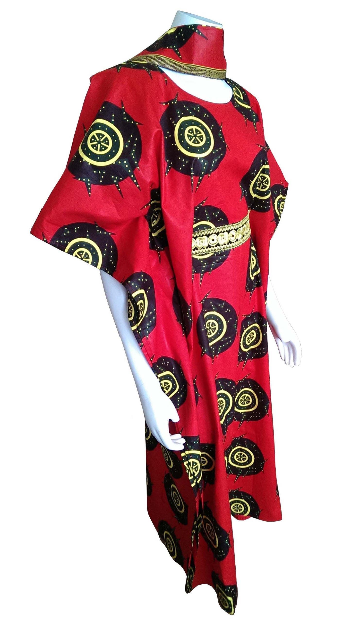 Mombasa Long Red Dress With Yellow and Brown Circles (Size 0-16)