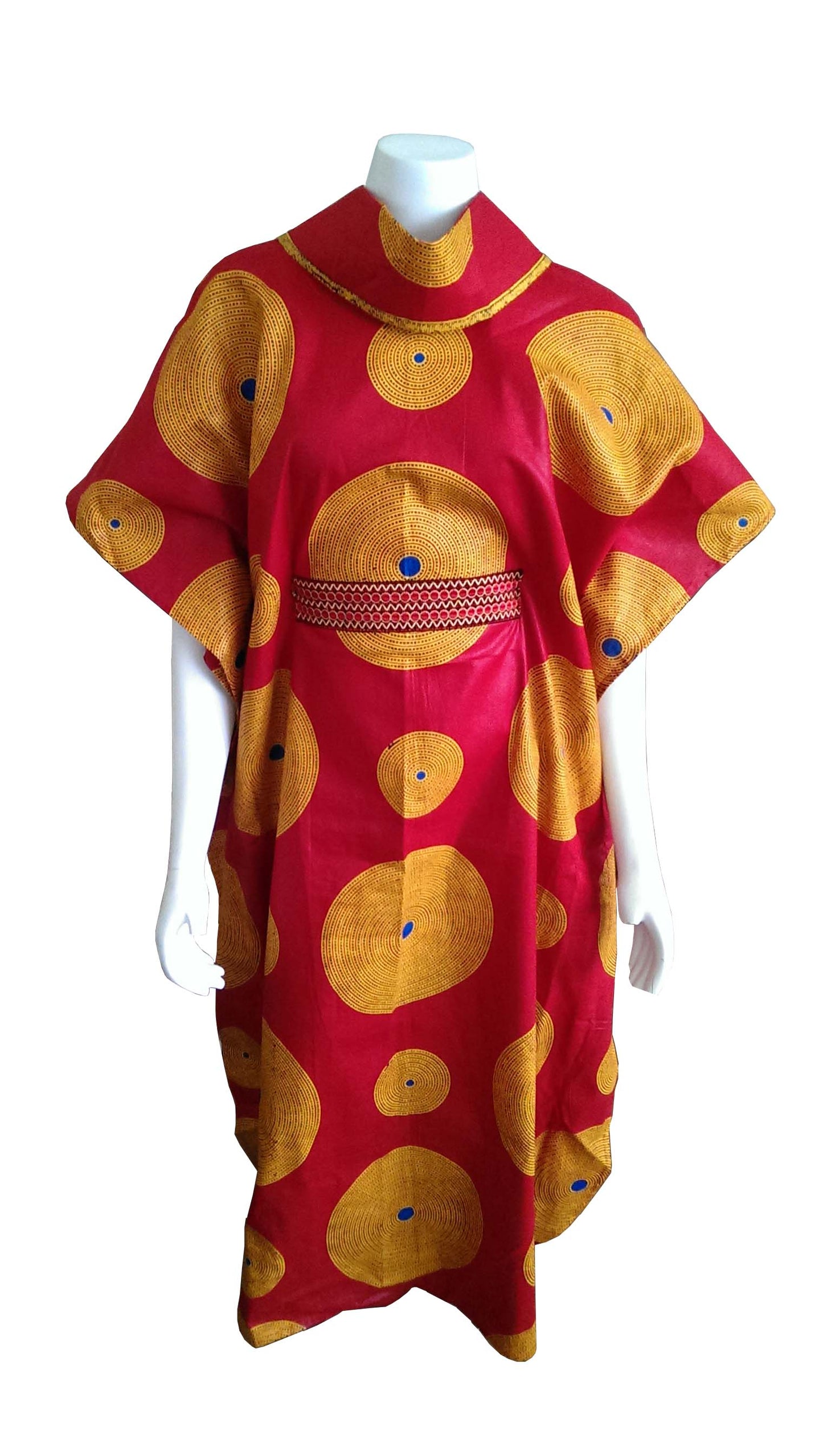 Mombasa Long Red Dress with Orange and Blue Circles (One Size fits 0-16)