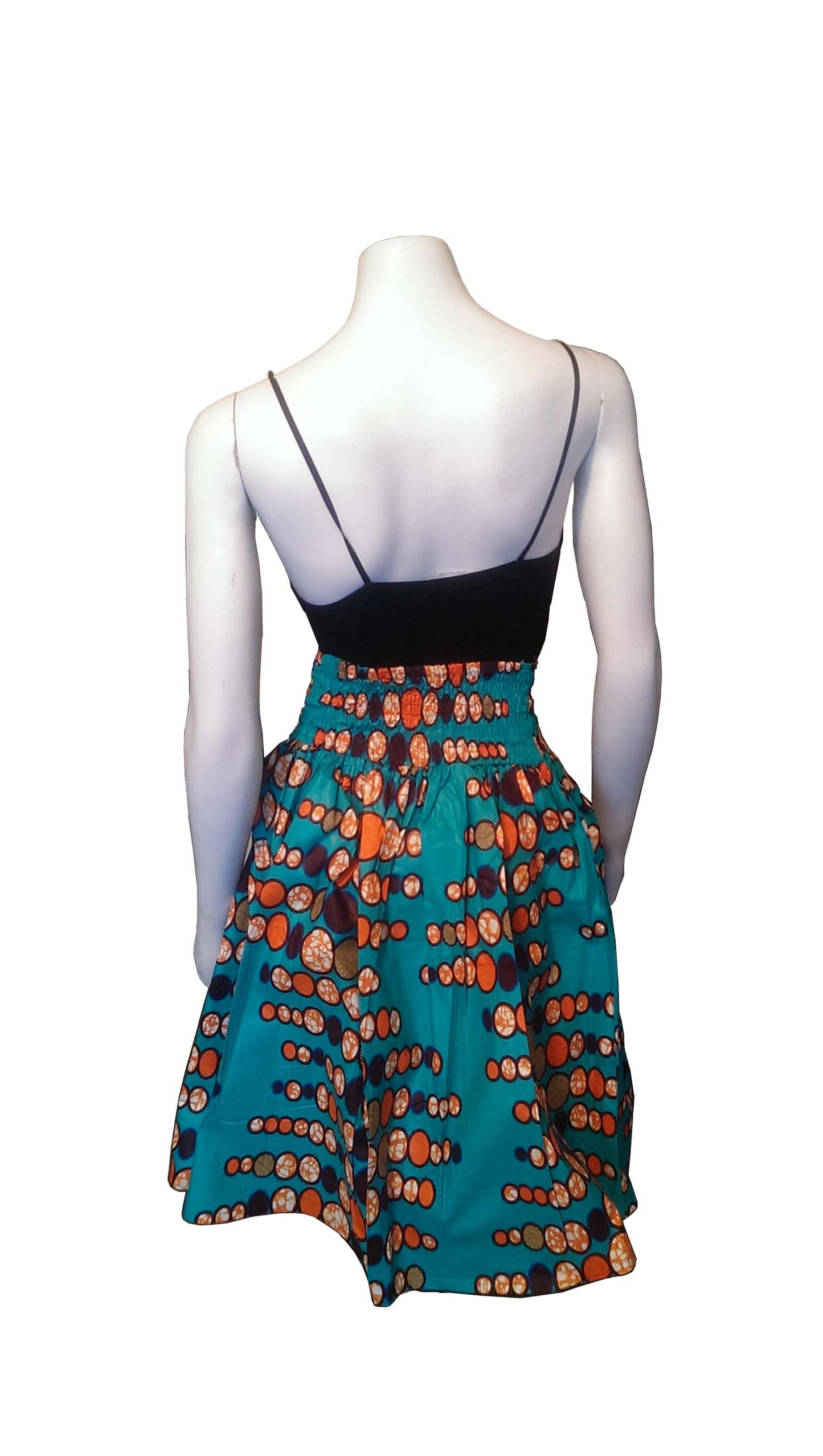 Sarafina Knee-Length Teal Skirt with Orange and Brown Circles (No Scarf)