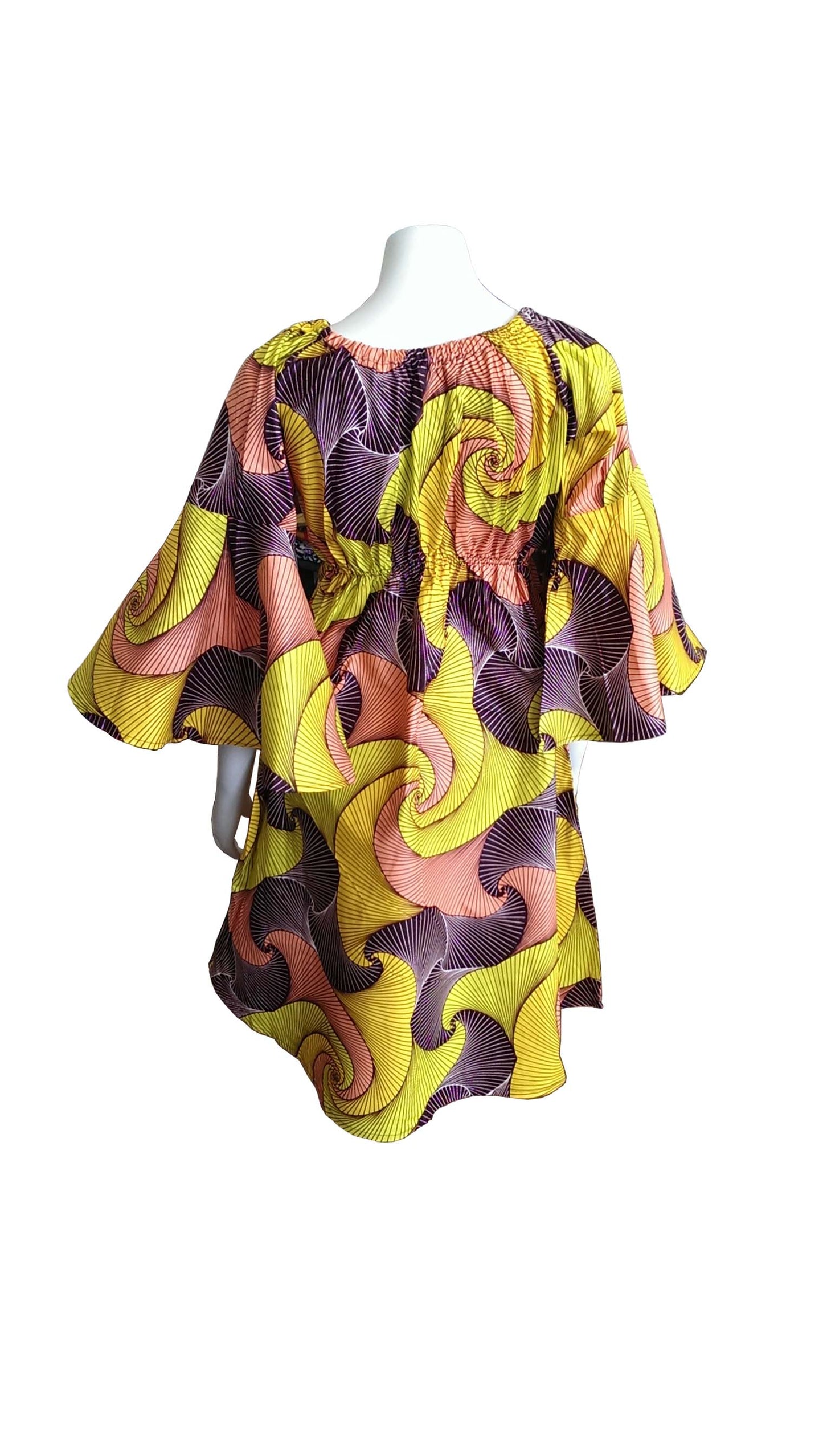 Bell Sleeves Dress with Yellow, Brown and Salmon Design