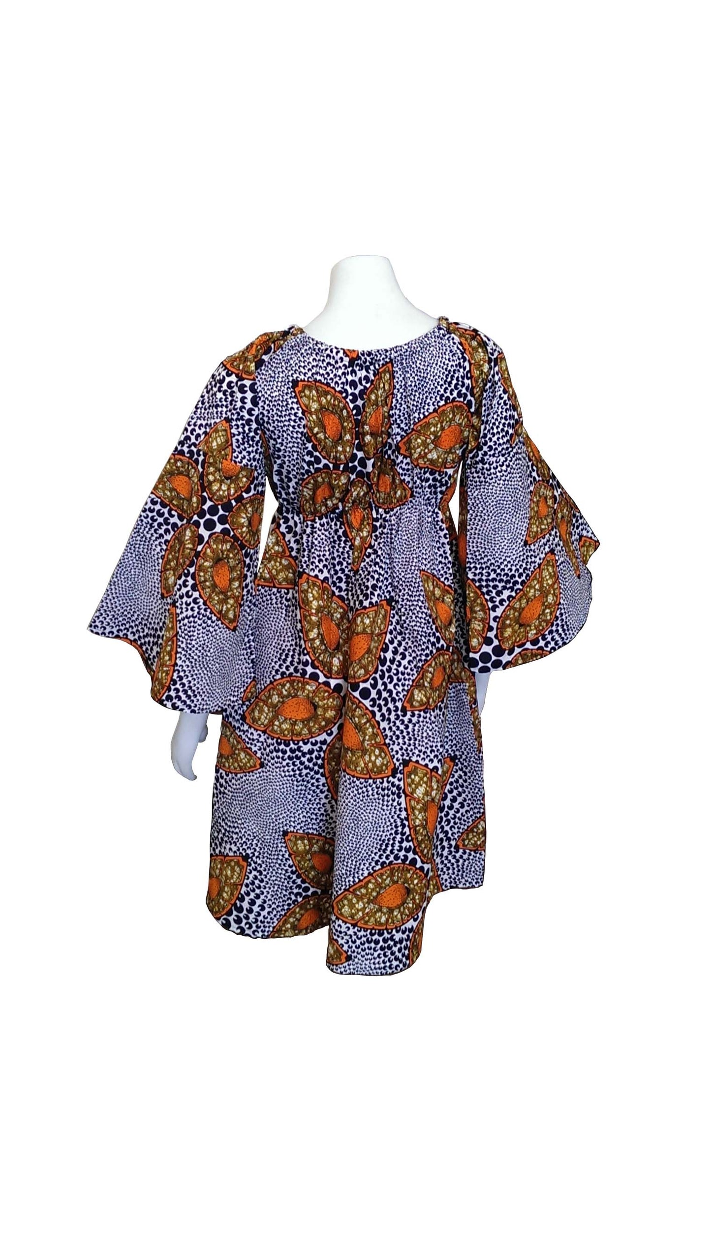 Bell Sleeves Dress with Black, White, Orange Design