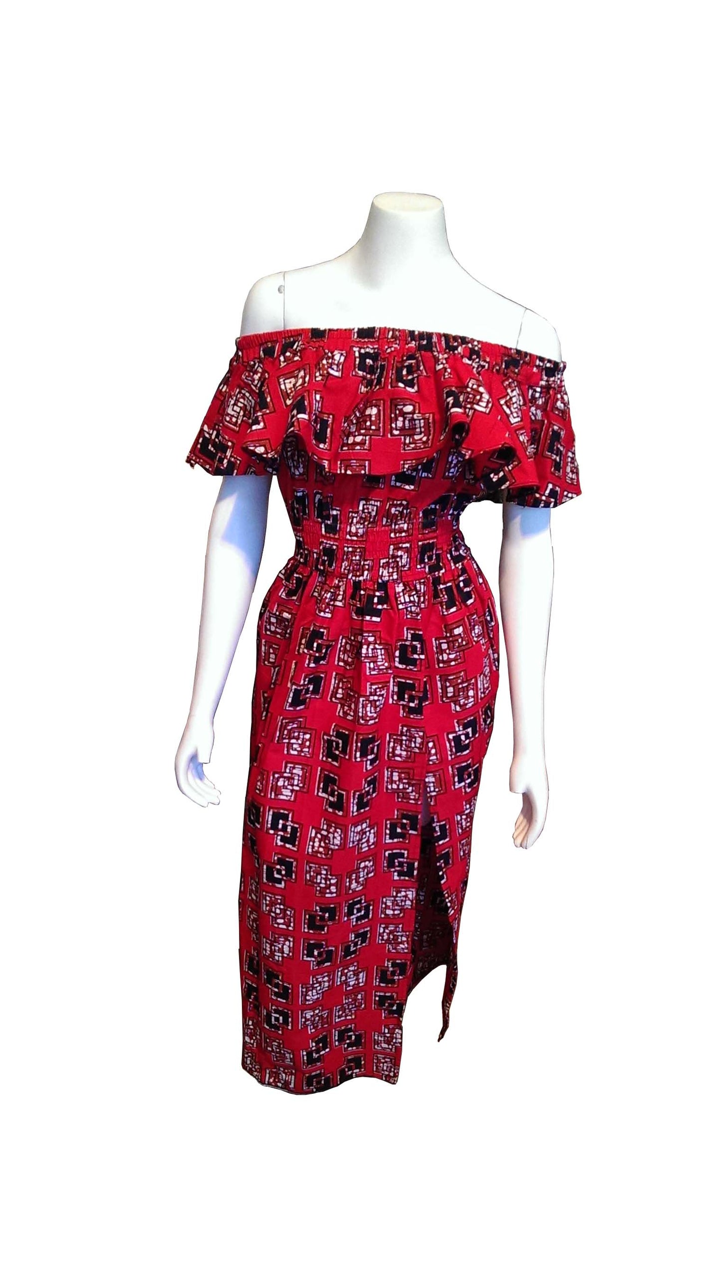 Maua Red, White and Black Dress with Thigh to Floor Side Slit