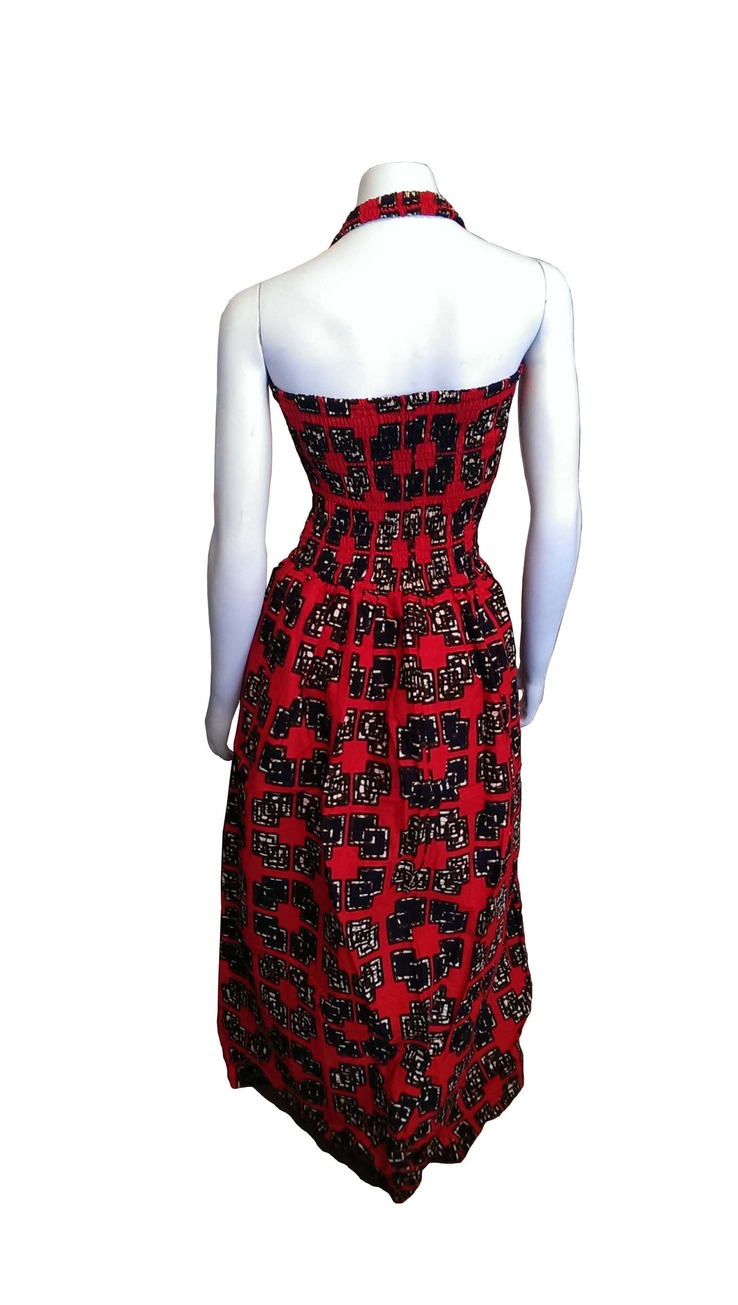 Halter Dress in Red, White and Brown African Print
