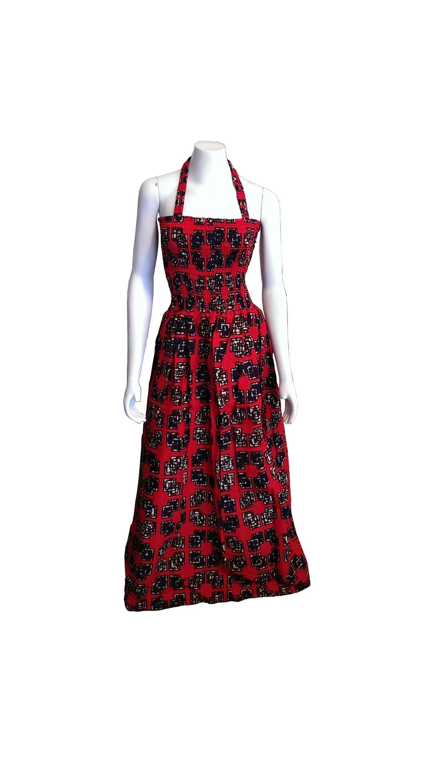 Halter Dress in Red, White and Brown African Print