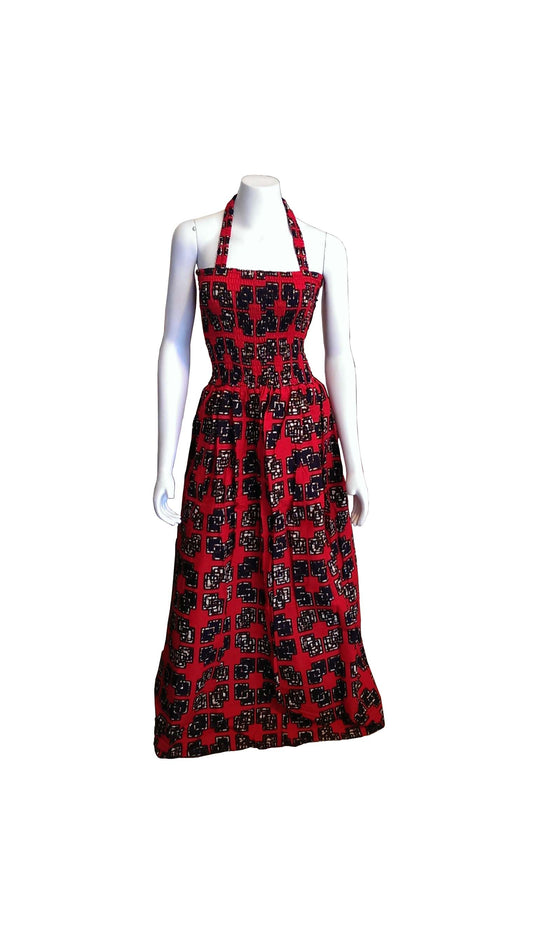 Halter Dress in Red, White and Brown African Print