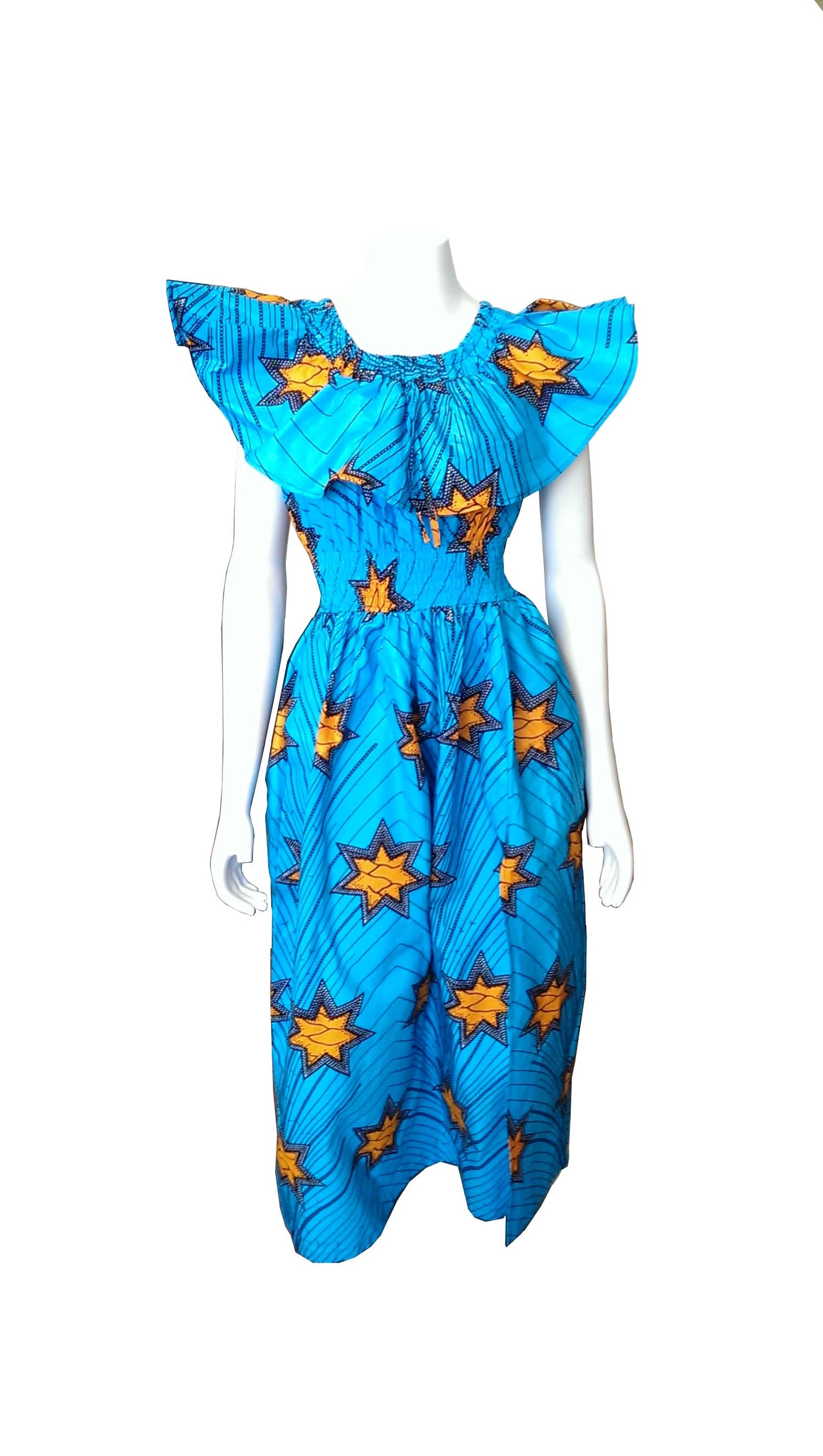 Maua Long Blue Dress with Yellow Stars