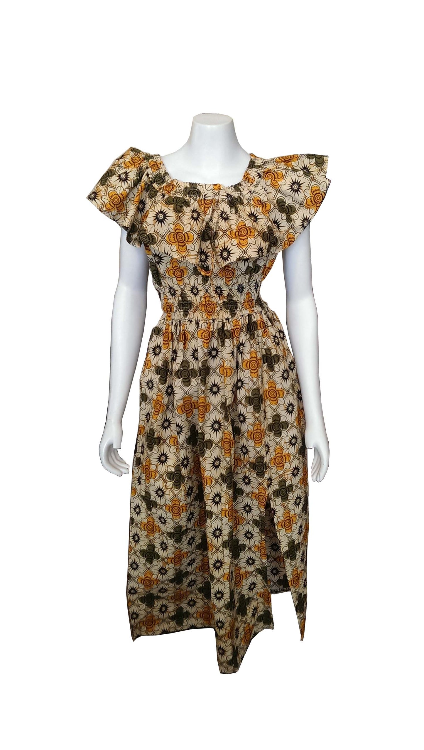 Maua Long Cream Dress with Green, Orange and Black Designs