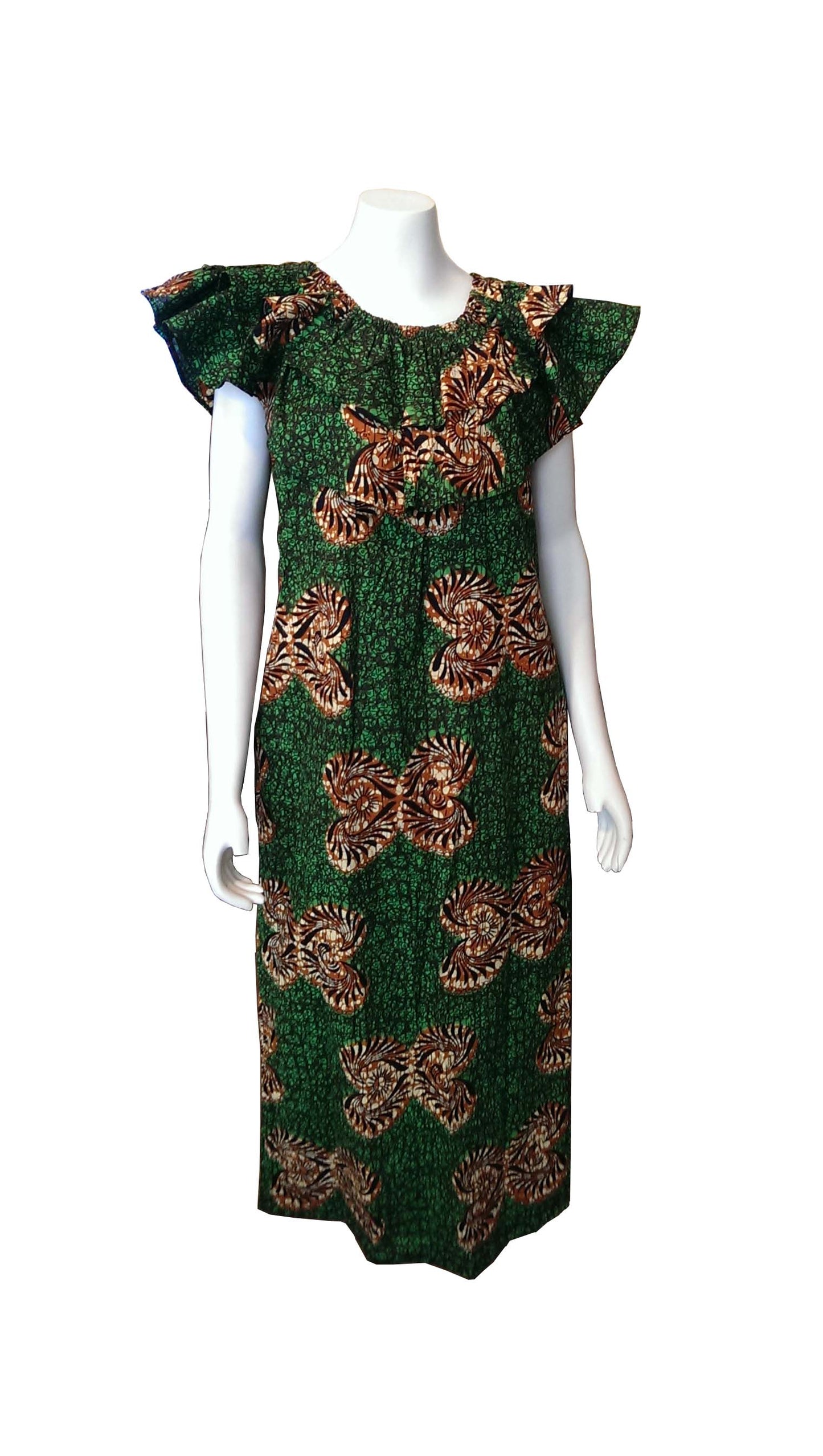 Maua Straight Dress Green with Butterfly Designs (No Elastic at the Waist)
