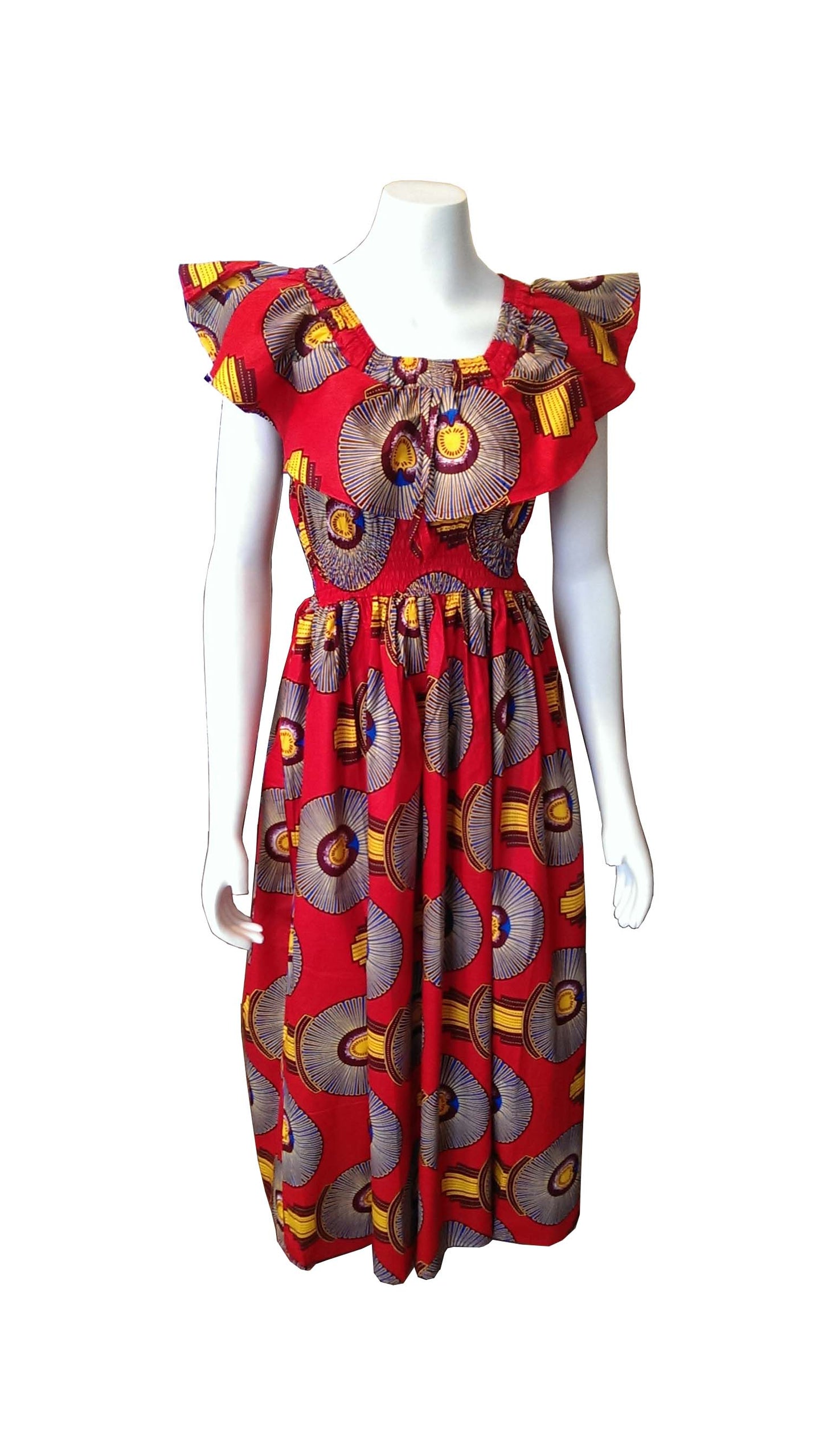 Maua Red Long Dress with Colorful Circular African Designs