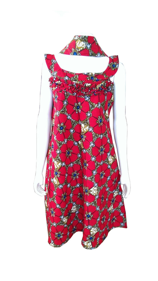A Shaped Red Flowered African Dress with Brown, Black and White Designs