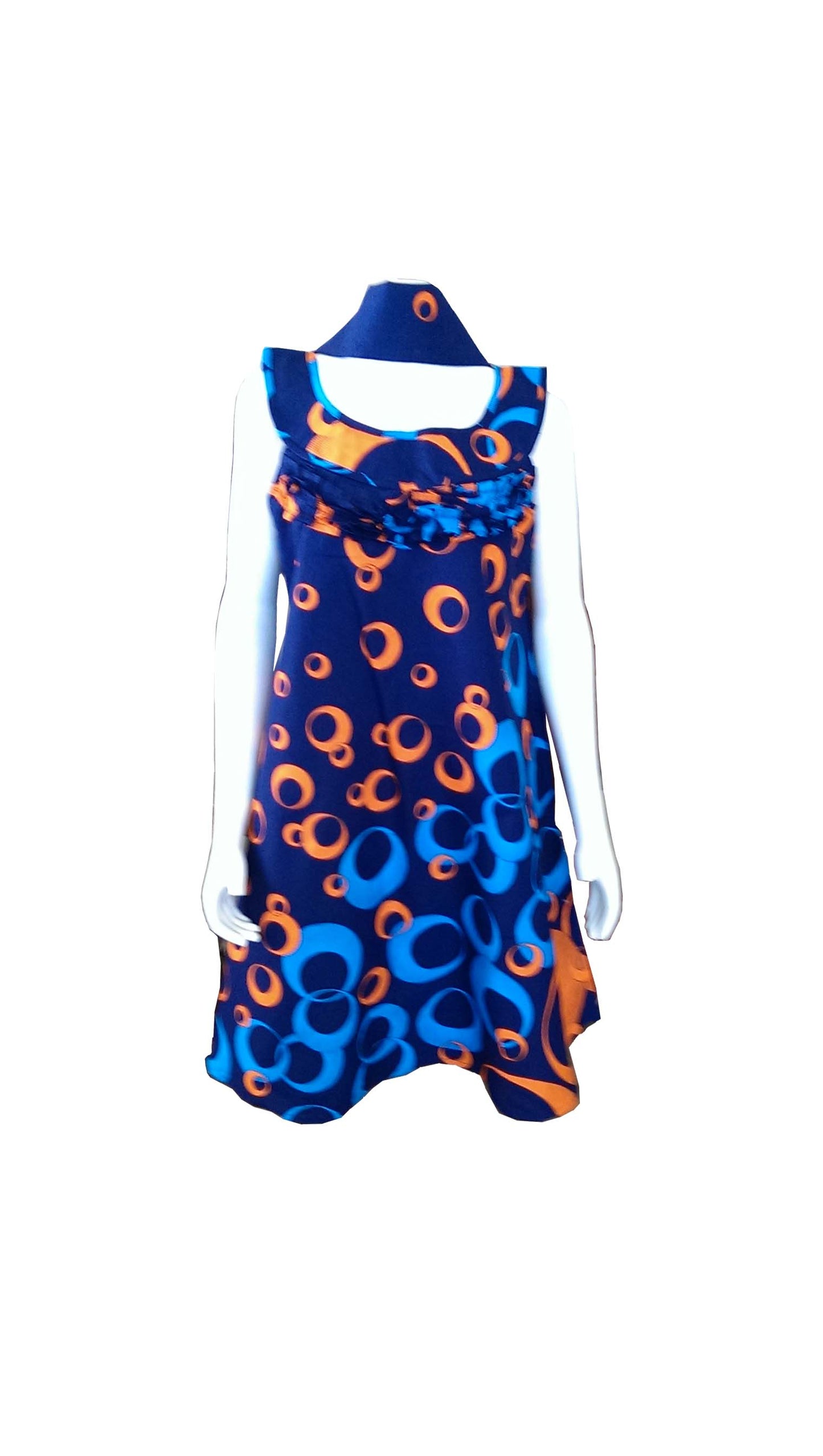A Shaped Dark Blue Dress with Orange and Light Blue Circles