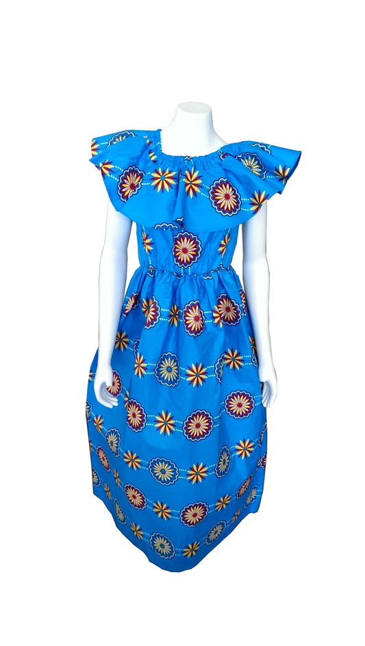 Maua Blue Dress with Yellow, White and Red Flowers