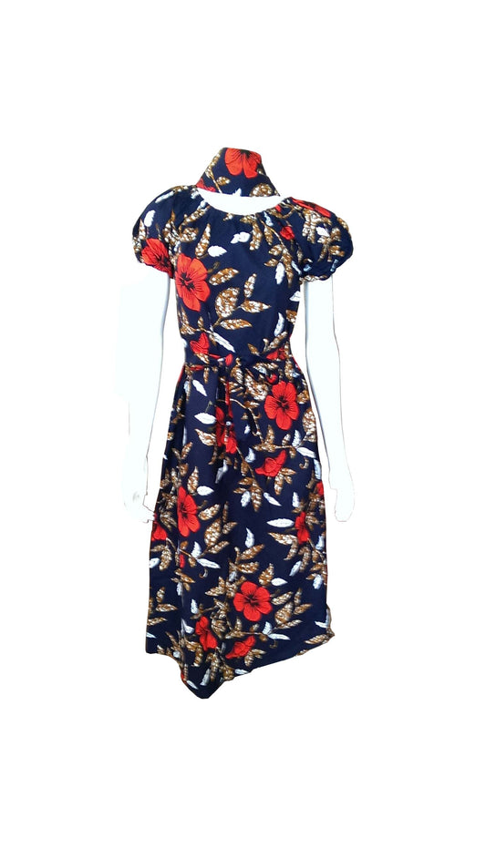 Flowered Navy Blue Dress in Red, White and Brown
