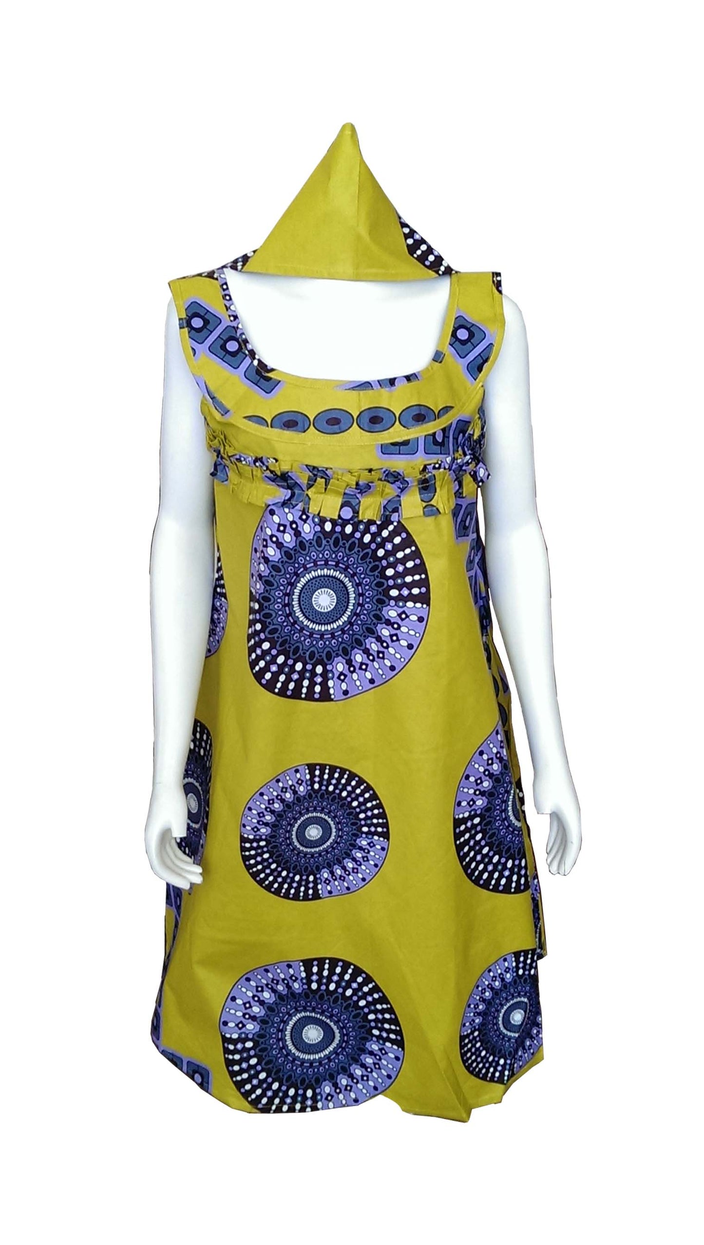 A Shaped African Dress Lime Green with Circular Prints