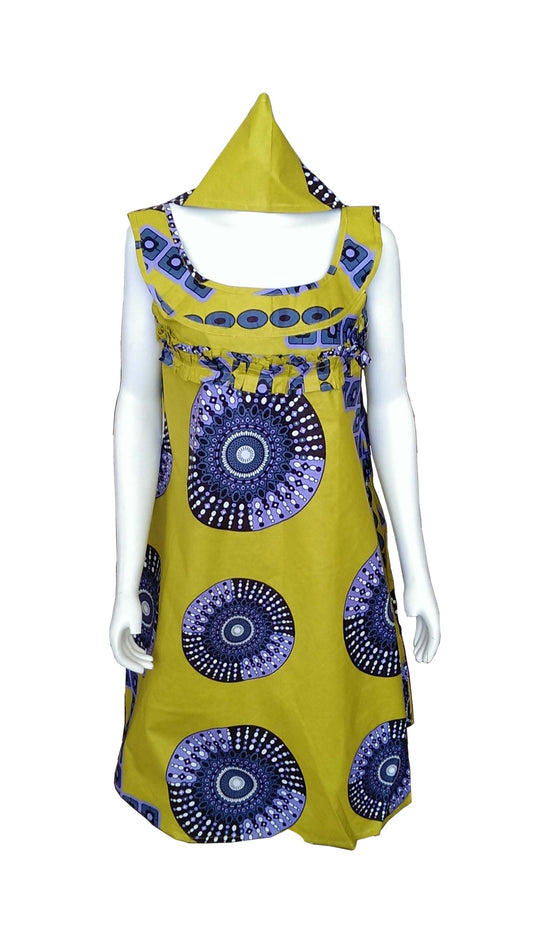 A Shaped African Dress Lime Green with Circular Prints