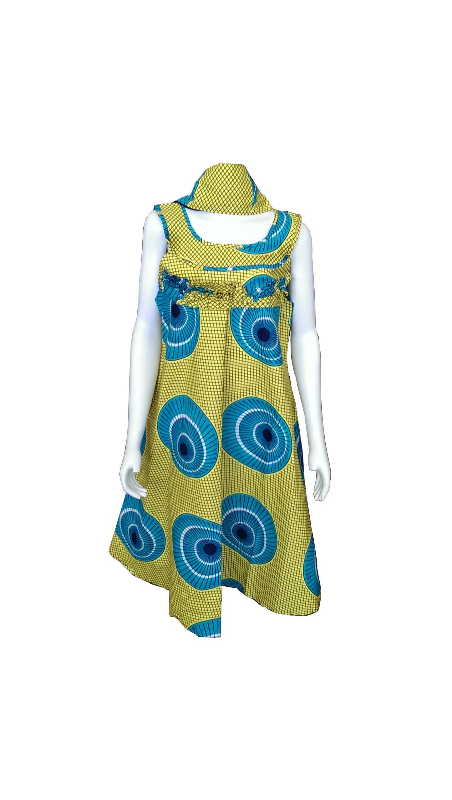 A Shaped Yellow African Dress with Green, White and Black Circles