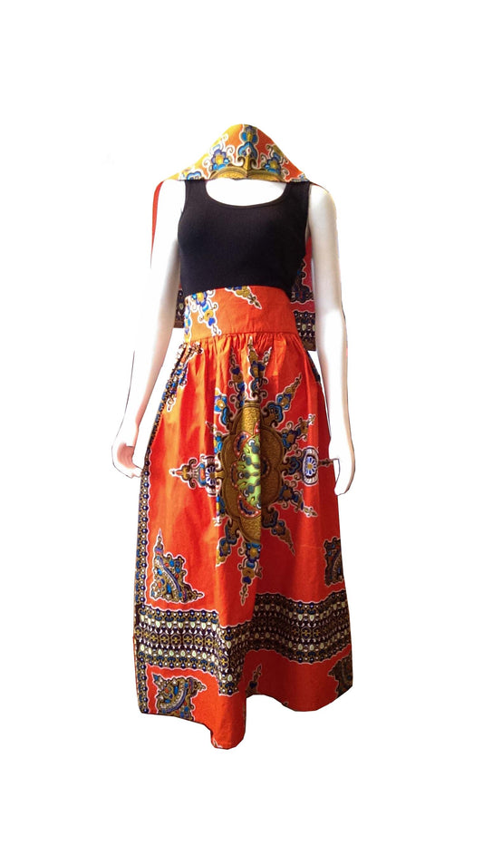Dada Long Orange Skirt with Colorful Designs