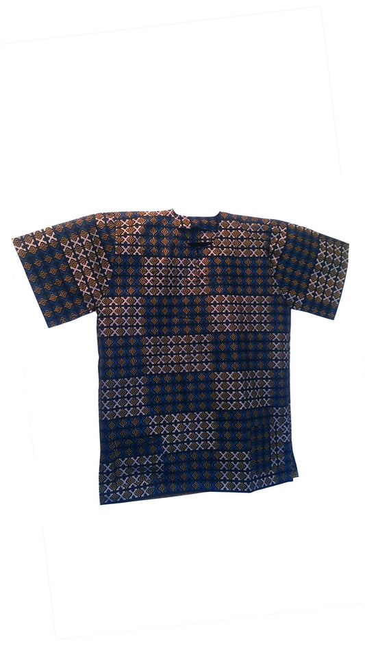 African Shirt/Dashiki Blue, Gray, Black and Yellow Print