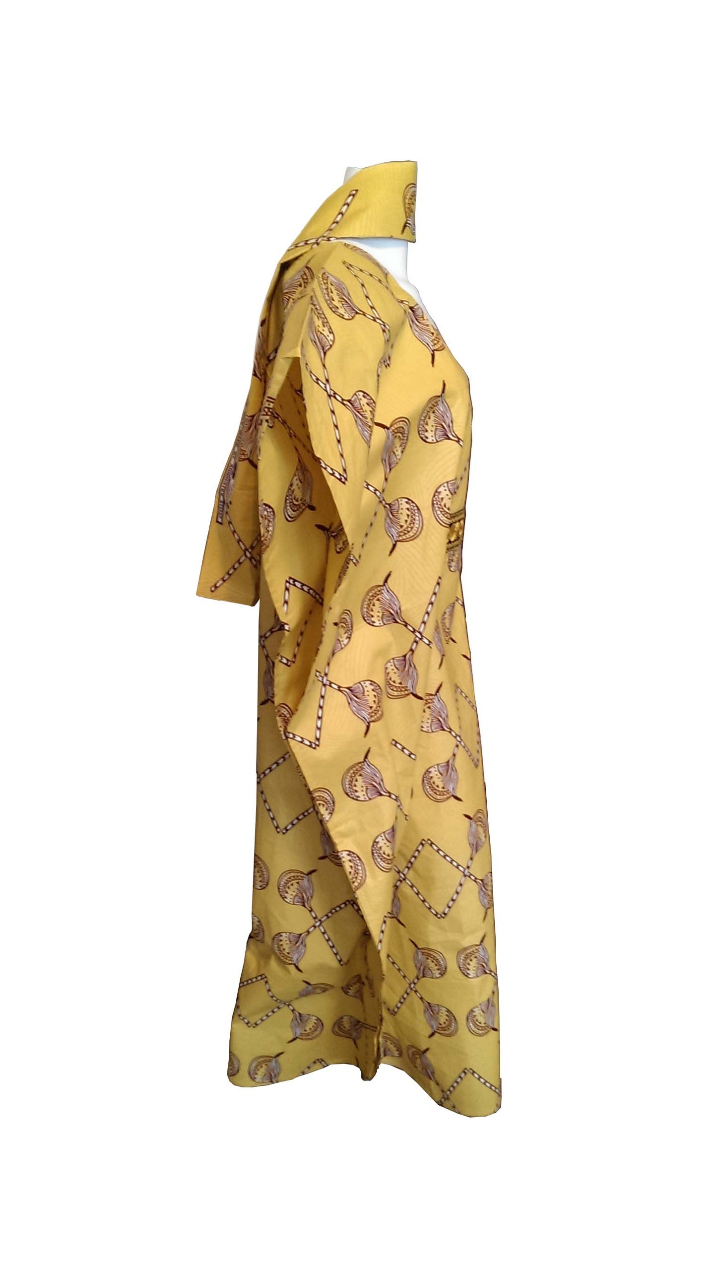 Mombasa Long Yellow Dress with Brown and Cream Design (One Size Fits 0-16)