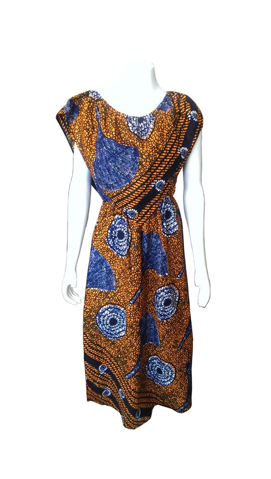 Lamu Orange, White, Black and Grey African Print Dress