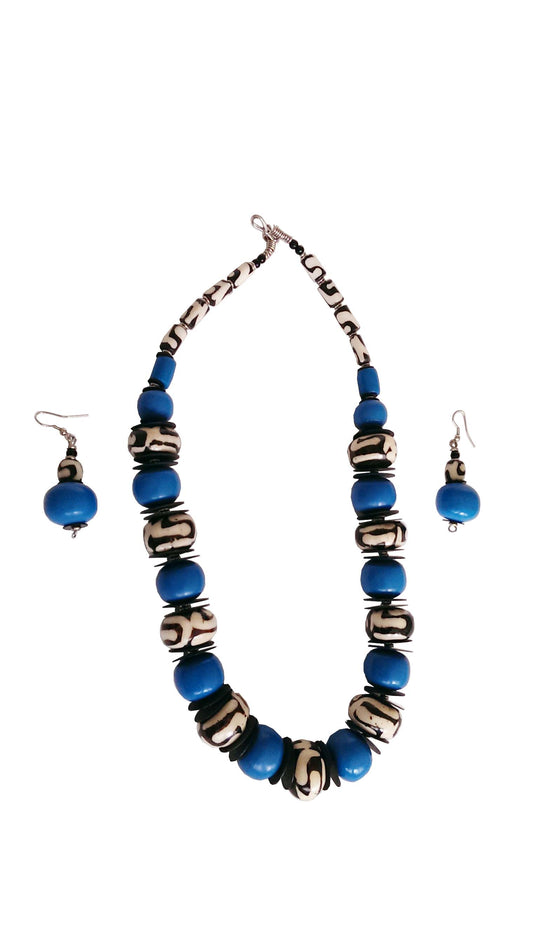 Kazuri Blue Beaded Necklace with Bone Beads