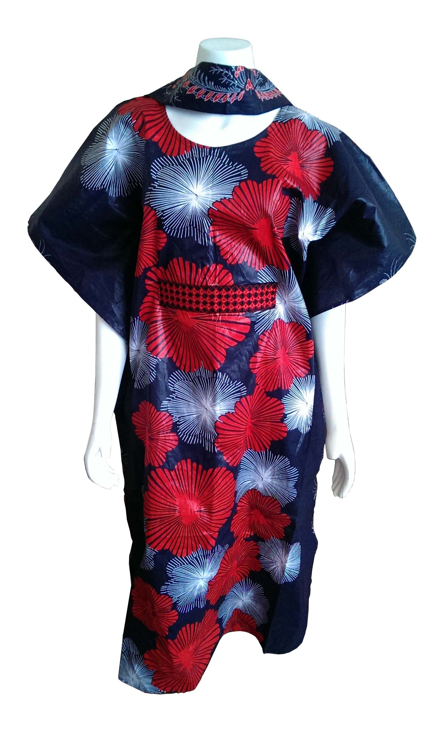 Mombasa Long Blue Dress with Red and White Circular Design  (One Size Fits 0-16)