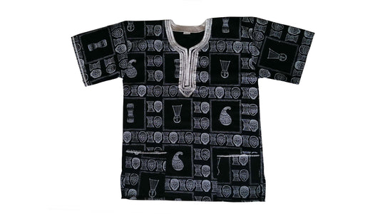 African Dashiki/Shirt Black and White Masks with Musical Instruments