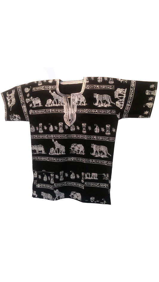 Dashiki/African Shirt Musical Instruments and Wildlife (Black and White)