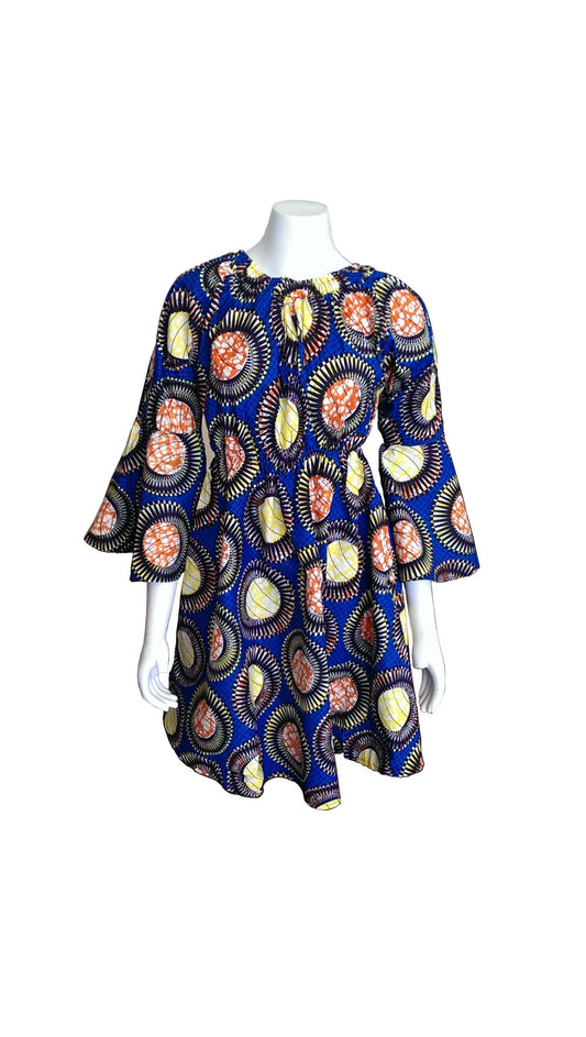 Bell Sleeves Dress With Blue, Yellow, Orange and Black Design