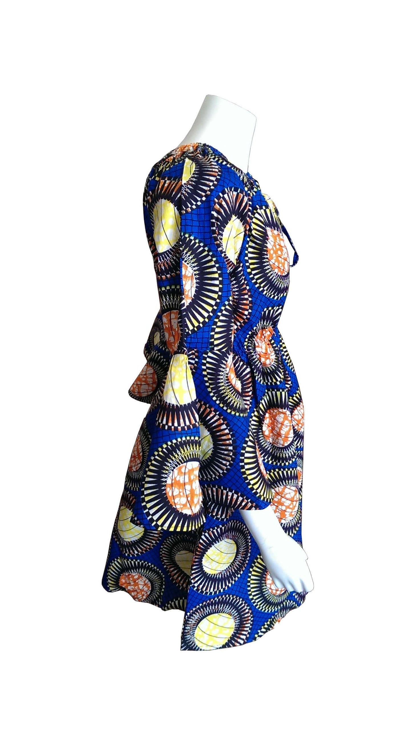 Bell Sleeves Dress With Blue, Yellow, Orange and Black Design