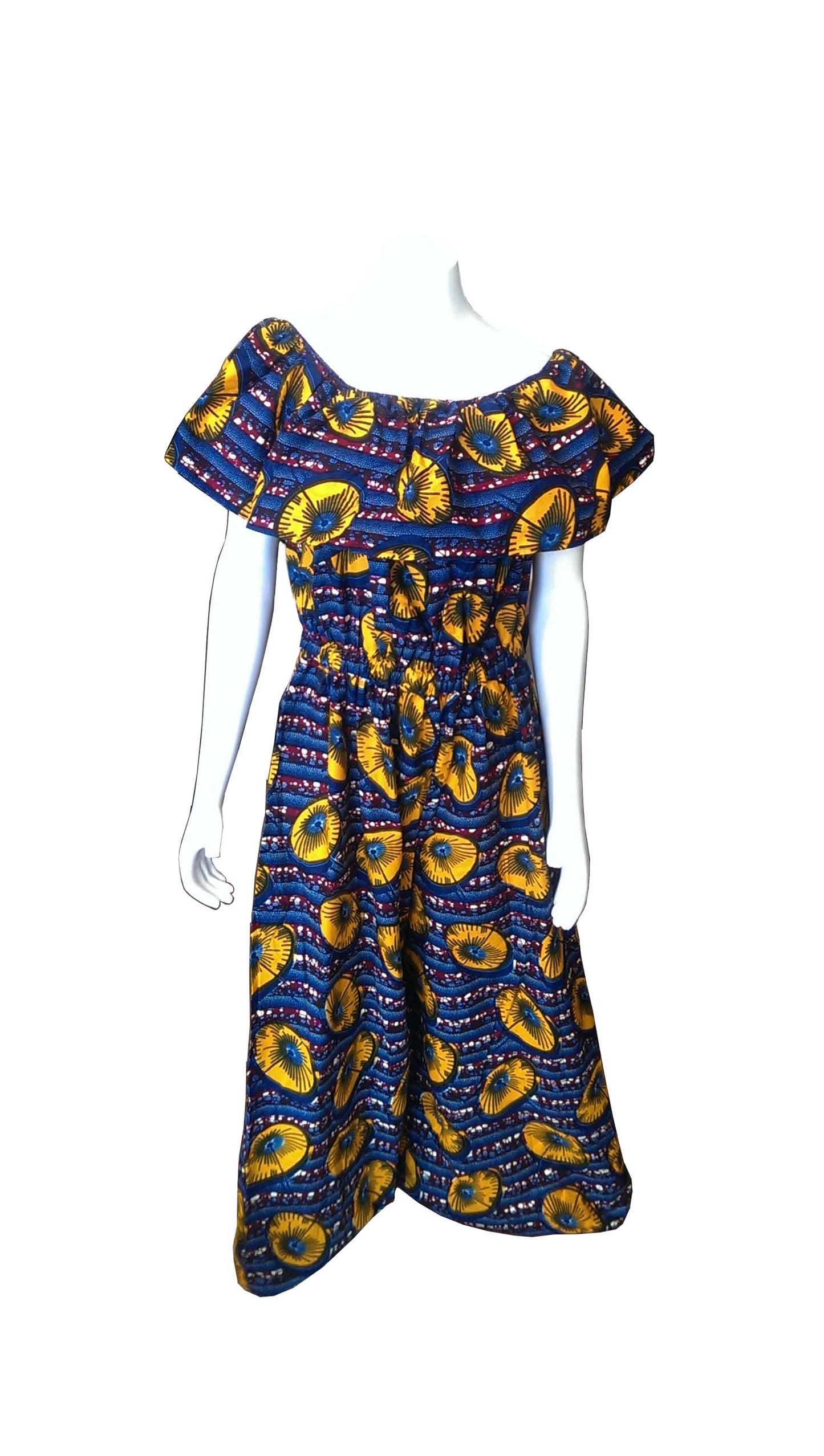 Ruka Jumpsuit in Blue, Orange, Maroon, White African Print (Wide Pant Leg)