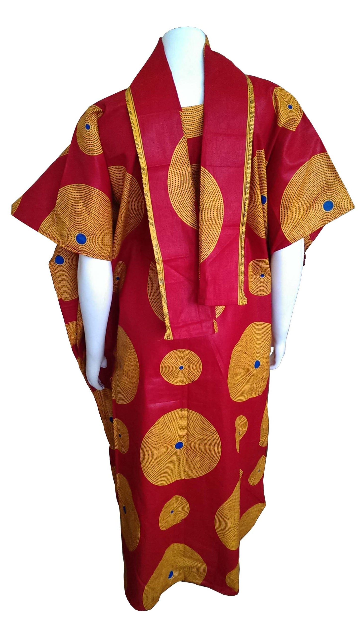 Mombasa Long Red Dress with Orange and Blue Circles (One Size fits 0-16)