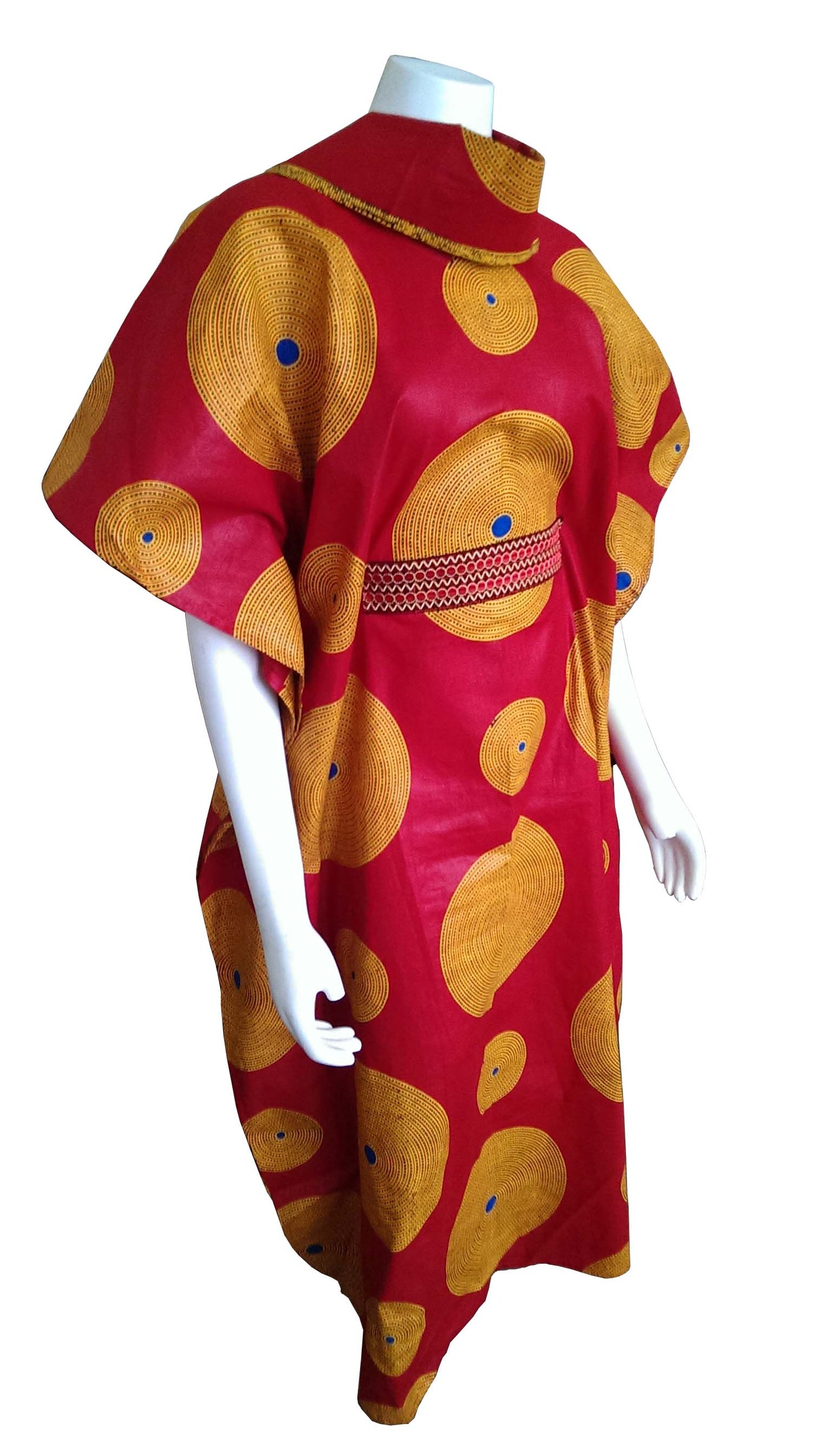 Mombasa Long Red Dress with Orange and Blue Circles (One Size fits 0-16)