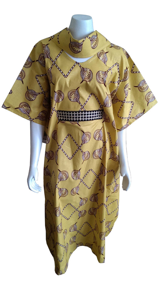 Mombasa Long Yellow Dress with Brown and Cream Design (One Size Fits 0-16)