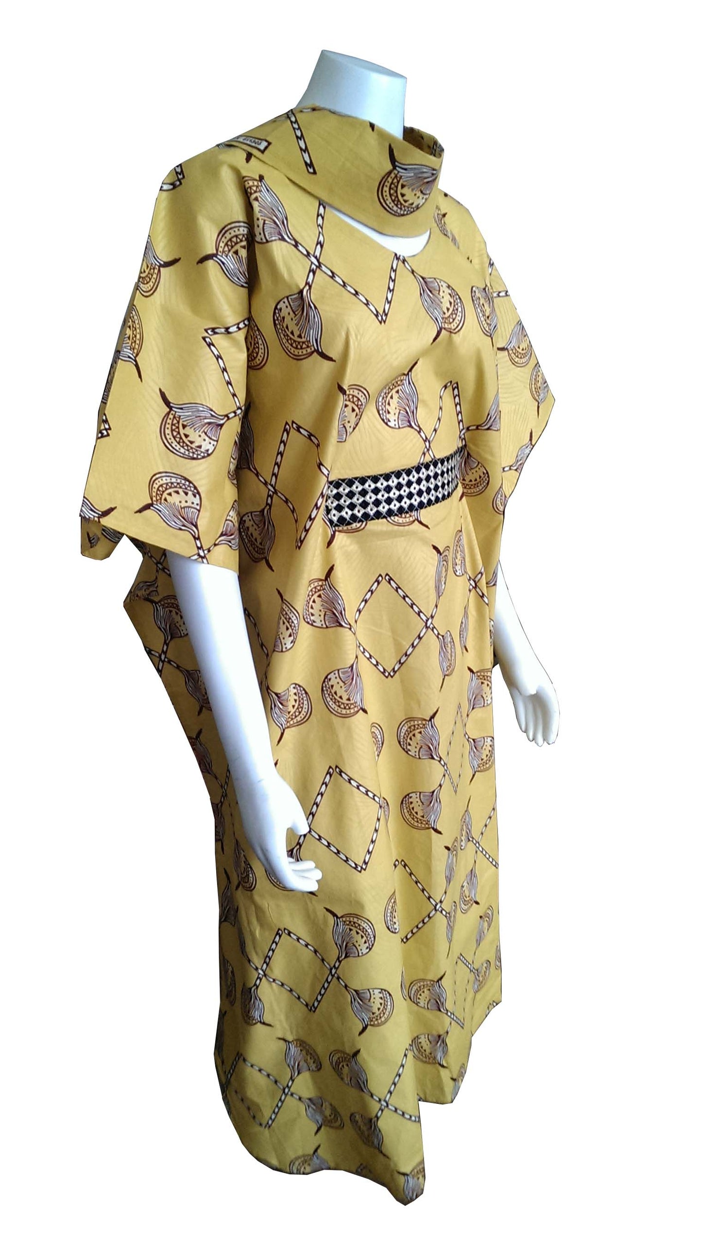 Mombasa Long Yellow Dress with Brown and Cream Design (One Size Fits 0-16)