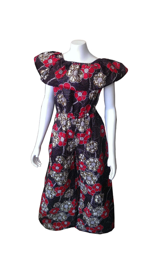 Ruka Dark Brown Jumpsuit with Red Flowers (Wide Pant Leg)