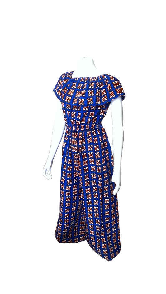 Ruka Jumpsuit Blue with Orange, White and Black African Print (Wide Pant Leg)