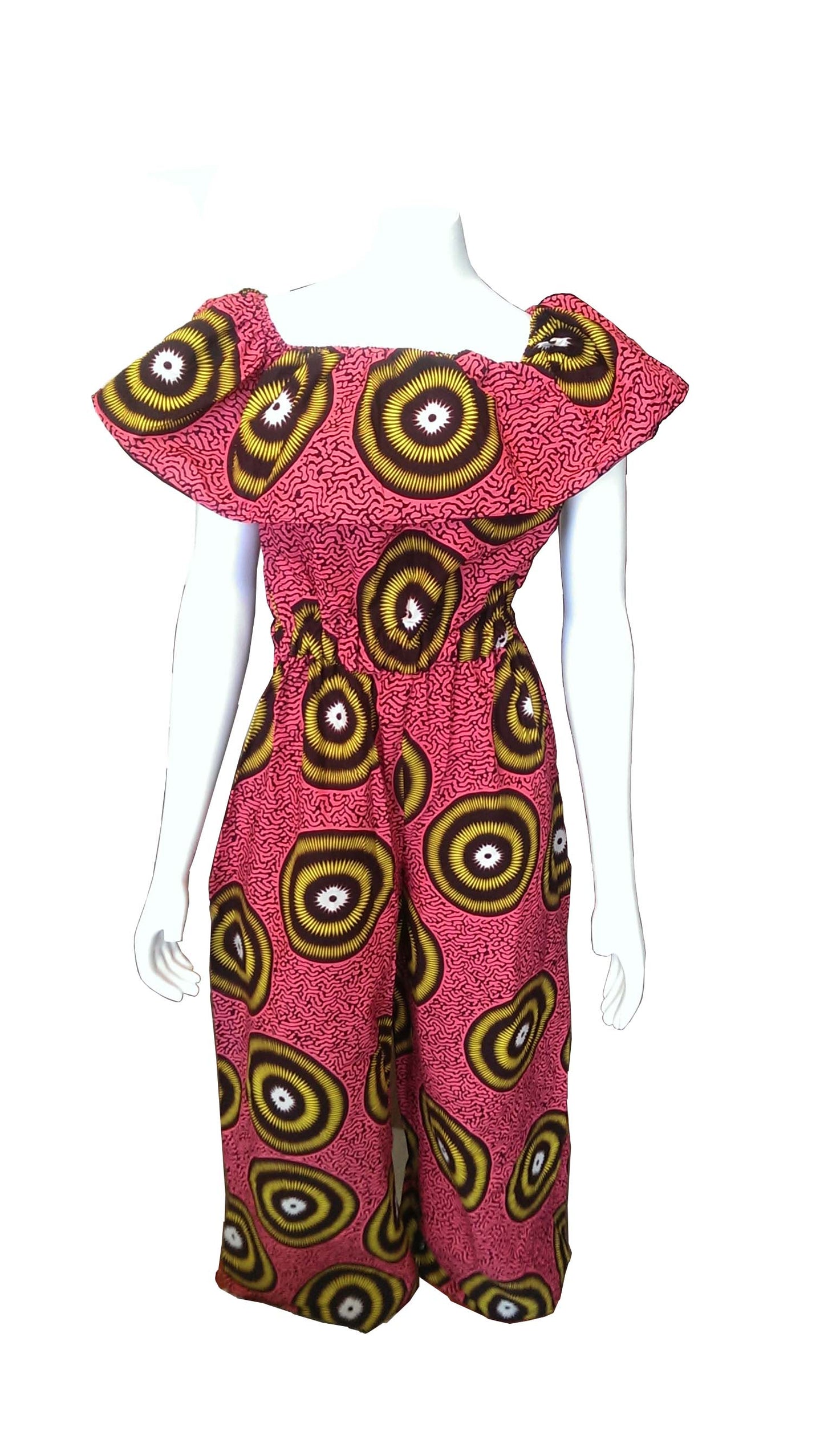 Ruka Pink Jumpsuit with Yellow, Brown and White African Print (Wide Pant Leg)