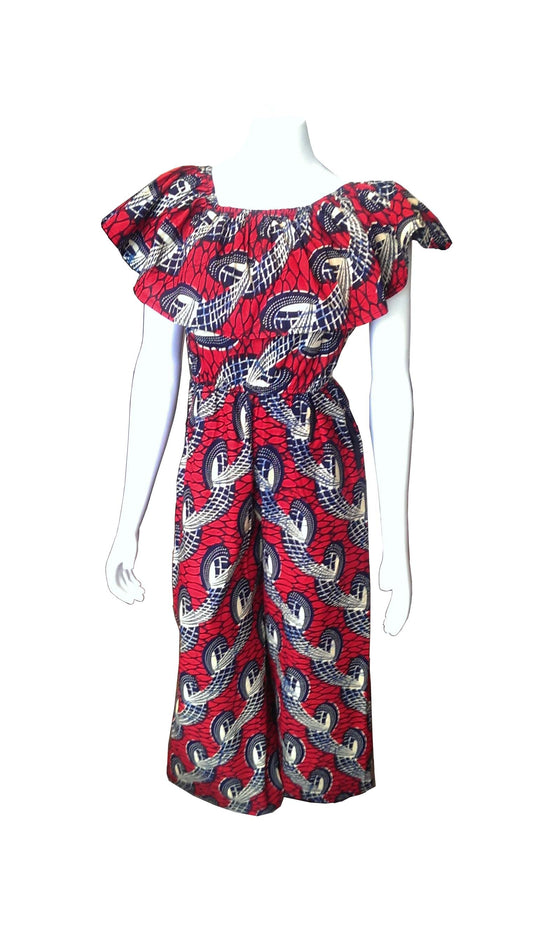 Ruka Red Jumpsuit with Navy Blue and Yellow Print (Wide Pant Leg)