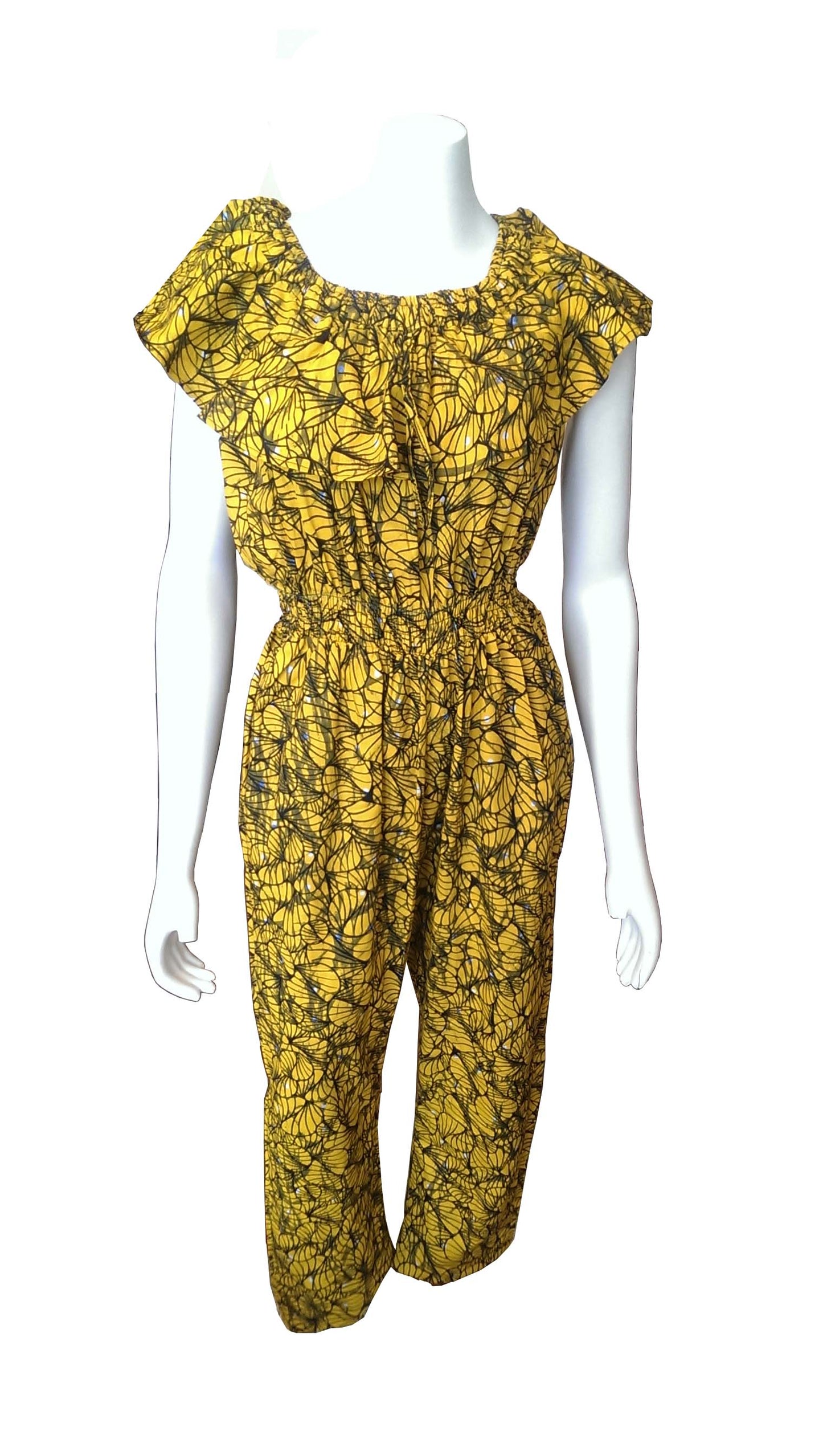 Ruka Yellow Jumpsuit with Black African Print (Straight Pant Leg)