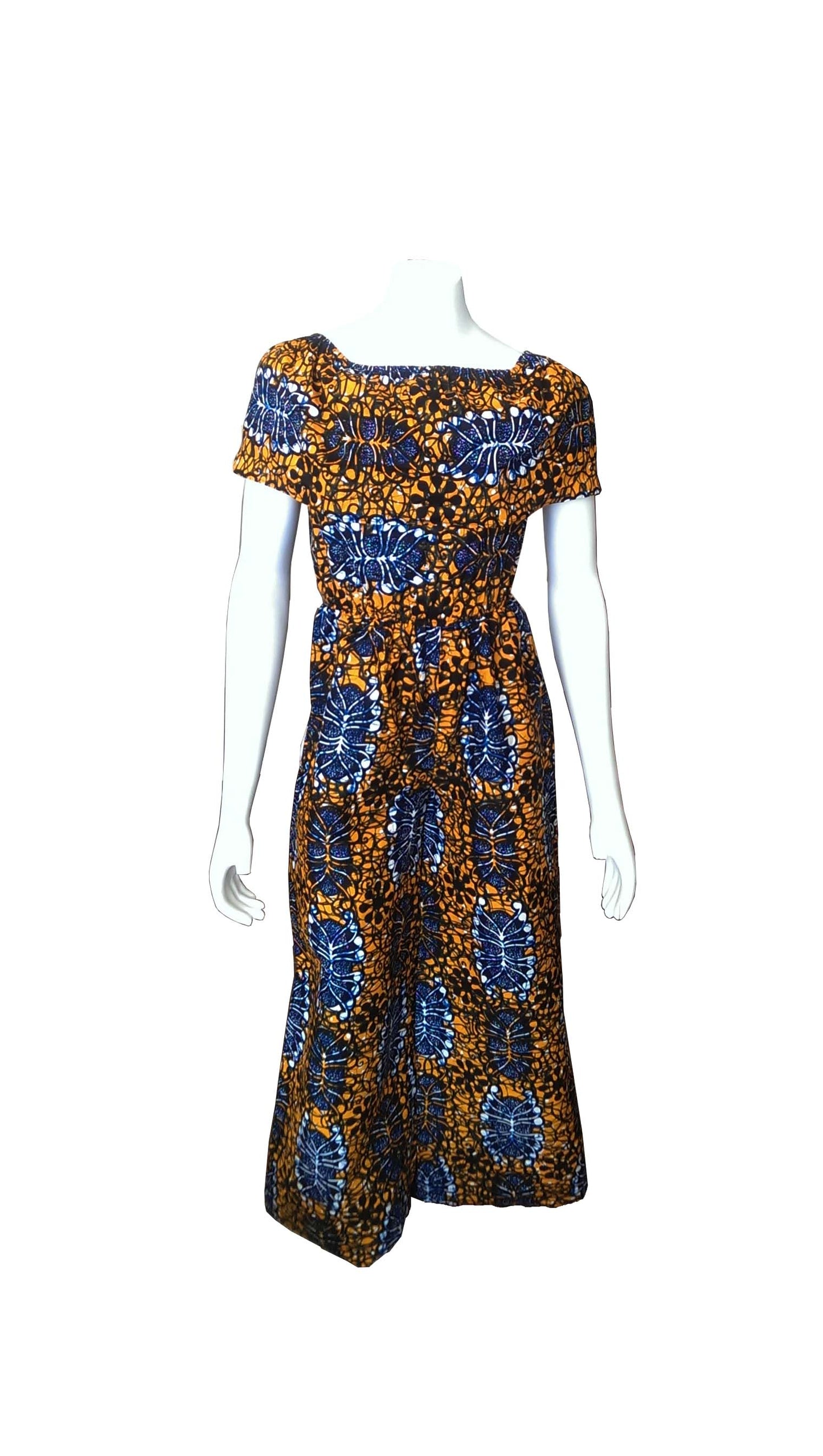 Ruka Jumpsuit Orange with Blue, White and Black Print (Wide Pant Leg)