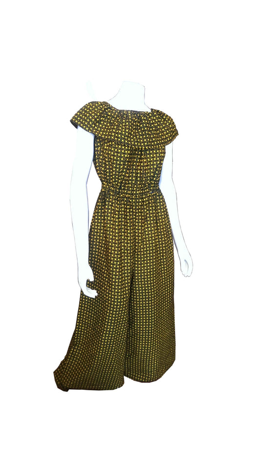 Ruka Jumpsuit in Yellow and Black African Print (Wide Pant Leg)